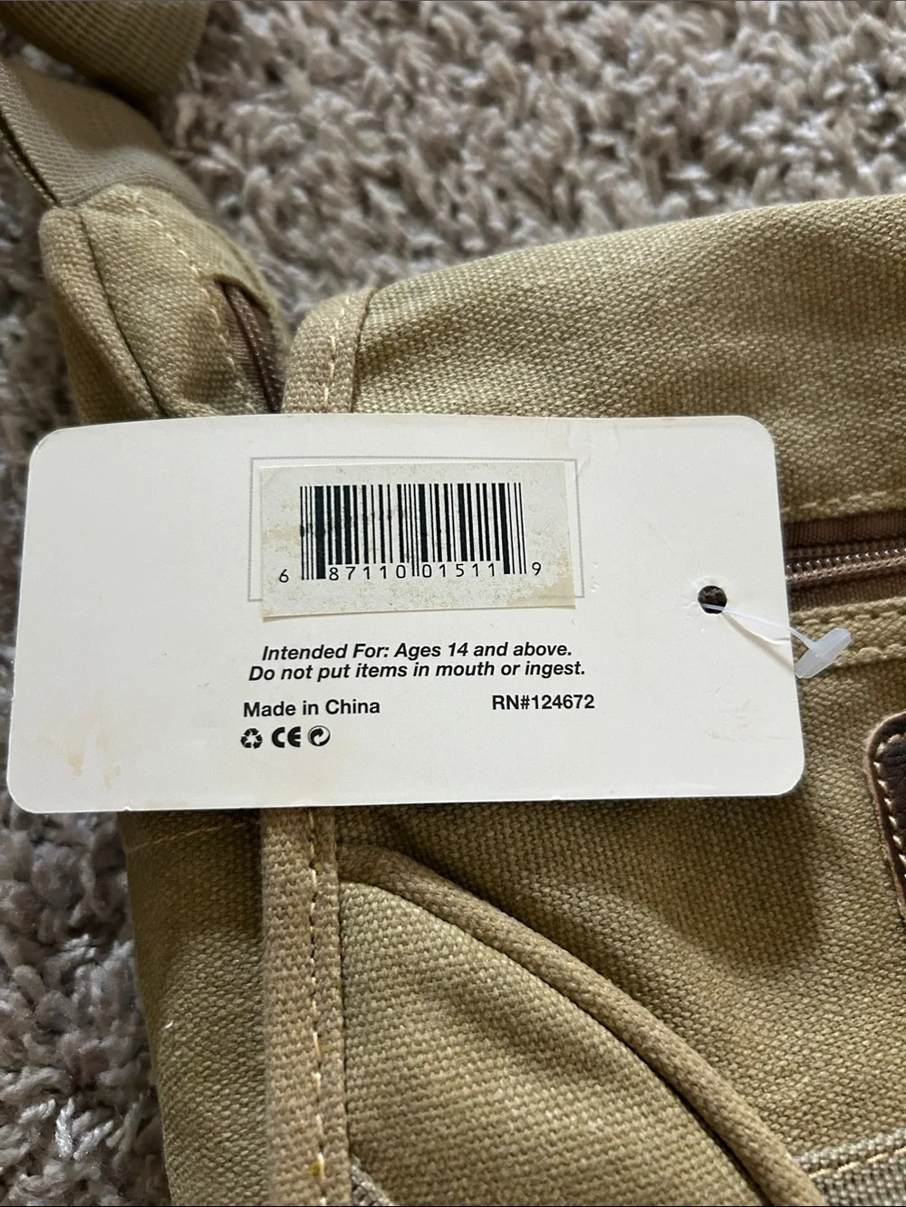 Tan/khaki  Messenger crossbody Bag with Adjustable Strap. Waterproof liner